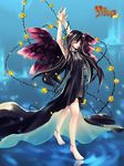  anklet bare_legs barefoot black_dress black_hair blue closed_eyes dress feet flower jewelry long_hair mugen_no_fantasia rose simple_background sleeveless sleeveless_dress solo tattoo thorns wings yellow_flower yellow_rose zuowen 