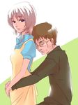  1girl apron blue_eyes brown_hair closed_eyes couple formal glasses hand_on_hip head_on_shoulder hetero highres holding_hands husband_and_wife ikari_gendou ikari_yui masaki3 neon_genesis_evangelion no_beard over-rim_eyewear pregnant semi-rimless_eyewear short_hair suit yellow-framed_eyewear younger 