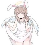  angel_wings animal_ears bad_id bad_pixiv_id blush bunny_ears closed_eyes dress dress_lift halo kyouno_madoka mizuki_(koko_lost) rinne_no_lagrange simple_background smile solo wings 