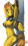  333456 against_wall anthro anthrofied breasts cutie_mark equine eyewear female friendship_is_magic fur goggles mammal my_little_pony nipples nude pegasus plain_background signature solo spitfire_(mlp) standing white_background wings wonderbolts_(mlp) yellow_fur 