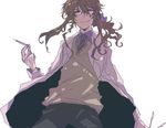  bad_id bad_pixiv_id bow brown_hair glasses hair_bow hatoful_kareshi iwamine_shuu labcoat long_hair male_focus necktie personification ponytail purple_eyes smile solo syringe yuzumisuzu 