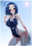 ahoge blue_hair breasts competition_swimsuit highleg highleg_swimsuit idolmaster idolmaster_(classic) idolmaster_2 ken_nave large_breasts long_hair miura_azusa one-piece_swimsuit open_mouth red_eyes short_hair solo swimsuit towel wet 