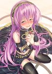  blush crying crying_with_eyes_open daidou_(demitasse) from_above gift headset highres long_hair looking_at_viewer megurine_luka nail_polish navel open_mouth pink_hair sitting skirt solo tears thighhighs very_long_hair vocaloid 