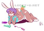  arm_support ass_up breasts carrot carrot_dildo clothed clothing colored cute dildo female food_play hair improvised_dildo lagomorph long_ears luckypan mammal neolucky pink_eyes plain_background purple_hair rabbit sex_toy skimpy smile solo thong vibrator white_background 