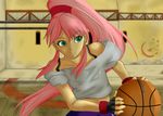  bare_shoulders basketball basquash! crop_top erusen_(des-arms) fingerless_gloves gloves green_eyes pink_hair playing_sports ponytail rouge_(basquash) solo sport sweat tan 