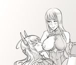  ahoge aliasse areolae bare_shoulders bb_(baalbuddy) breast_sucking breasts breasts_outside horns large_areolae large_breasts long_hair military military_uniform monochrome multiple_girls nipples selvaria_bles senjou_no_valkyria senjou_no_valkyria_1 senjou_no_valkyria_2 simple_background thighhighs uniform yuri 