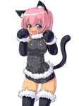  :d animal_ears artille bad_id bad_pixiv_id black_gloves black_legwear blue_eyes blush breasts busou_shinki dd_(ijigendd) doll_joints elbow_gloves fur_trim gloves large_breasts looking_at_viewer no_nose open_mouth paw_pose pink_hair shiny shiny_skin short_hair short_shorts shorts simple_background sleeveless smile solo sweater tail thighhighs white_background 