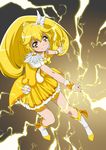  3: bike_shorts blonde_hair boots bow choker cure_peace double_v electricity eyelashes frown full_body grey_background hair_flaps hair_ornament hairpin highres iyakun kise_yayoi long_hair magical_girl precure shorts shorts_under_skirt skirt smile_precure! solo v wide_ponytail wrist_cuffs yellow yellow_bow yellow_choker yellow_eyes yellow_shorts yellow_skirt 