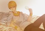  blonde_hair bracelet casual cup drinking_glass fate/zero fate_(series) gilgamesh highres jewelry makaron611 male_focus necklace reclining red_eyes solo v-neck wine_glass 