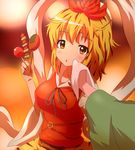  :o animal_print black_hair blonde_hair blush breasts cleaning food fueiku hair_ornament looking_at_viewer medium_breasts multicolored_hair open_mouth orange_eyes pov shawl short_hair solo_focus tiger_print toramaru_shou touhou two-tone_hair upper_body yakitori 