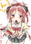  blush bow bowtie chocolate chocolate_bar embarrassed mahou_shoujo_madoka_magica mijinkouka mouth_hold pleated_skirt ponytail red_eyes red_hair sakura_kyouko school_uniform skirt solo sweat unknown_artist_of_2ch_sakura_kyouko_thread valentine 