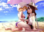  adapted_costume bare_shoulders barefoot beach beach_umbrella bikini blonde_hair breasts brown_hair day eye_contact face-to-face feet hat highres looking_at_another maribel_hearn medium_breasts multiple_girls necktie ocean outdoors purple_eyes short_hair sitting sleeveless soles straddling strap_gap swimsuit toes touhou towel turupiko umbrella usami_renko yuri 