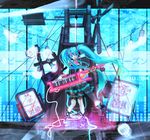  aqua_eyes aqua_hair bad_id bad_pixiv_id dress floating_hair hatsune_miku headphones instrument keytar long_hair qtapost solo speaker twintails very_long_hair vocaloid 