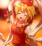  animal_print black_hair blonde_hair breasts closed_eyes fang food food_on_face fueiku hair_ornament medium_breasts multicolored_hair open_mouth senbei shawl short_hair smile solo tiger_print toramaru_shou touhou two-tone_hair upper_body yakitori 