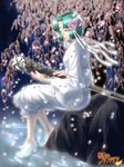  barefoot bindi cherry_blossoms feet flower green_eyes green_hair japanese_clothes kimono mizusaki_ren mugen_no_fantasia night orb petals ribbon rock short_hair sitting soaking_feet solo staff water yukata 