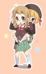  bad_id bad_pixiv_id blonde_hair blue_eyes carrying eyebrows hat k-on! kotobuki_tsumugi long_hair multiple_girls piggyback saitou_sumire school_uniform short_hair sunameri_oishii thick_eyebrows younger 