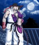  1boy 1girl capcom cloud clouds couple dougi female fingerless_gloves gloves han_juri highres juri_han karate_gi kiss male moon muscle rooftop ryu ryuu_(street_fighter) street_fighter street_fighter_iv surprised 