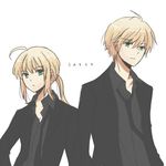  1girl ahoge arthur_pendragon_(fate) artoria_pendragon_(all) blonde_hair character_name dinikee dual_persona fate/prototype fate/zero fate_(series) formal genderswap genderswap_(ftm) green_eyes long_hair necktie ponytail saber short_hair sidelocks simple_background suit white_background 