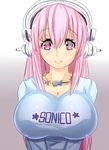  4chan blush breasts cleavage clothes_writing headphones huge_breasts jewelry long_hair magister_(medical_whiskey) necklace nitroplus pink_eyes pink_hair shirt solo super_sonico taut_clothes taut_shirt v_arms 