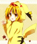  arm_up bad_id bad_pixiv_id blonde_hair blush cosplay fujishiro_emyu gen_1_pokemon hair_ornament open_mouth pikachu pikachu_(cosplay) pokemon short_hair smile solo toramaru_shou touhou v victory_pose yellow yellow_background yellow_eyes 