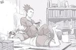  1girl barefoot book bookshelf fishnets greyscale handheld_game_console lying monochrome nara_shikamaru naruto naruto_(series) pillow playstation_portable ponytail quad_tails room sitting sketch temari wei 