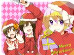  3girls argyle argyle_background bad_id bad_pixiv_id blonde_hair braid brown_hair chie_(lcddem) christmas closed_eyes english flower gift gloves hair_flower hair_ornament hands_up hat knife lcddem long_hair madotsuki merry_christmas multiple_girls open_mouth purple_eyes red_gloves ribbon santa_costume santa_hat short_hair smile twin_braids urotsuki yellow_eyes yume_2kki yume_nikki 