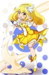  blonde_hair blush boots bow choker cure_peace double_v eyelashes full_body hair_flaps hair_ornament hairpin kise_yayoi long_hair magical_girl milk oborotsuki_kakeru orange_choker precure skirt smile smile_precure! solo standing standing_on_one_leg v wide_ponytail yellow yellow_bow yellow_eyes yellow_skirt 