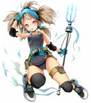  brown_hair candy elbow_pads food girigiri gloves goggles goggles_on_head holster knee_pads lollipop mouth_hold one-piece_swimsuit original polearm purple_eyes school_swimsuit solo swimsuit thigh_holster thigh_strap trident weapon 