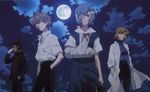  3boys adjusting_eyewear akagi_ritsuko arm_sling ayanami_rei bandage_over_one_eye bandages beard black_hair blonde_hair blue_hair cloud dress facial_hair formal from_below full_moon glasses hand_in_pocket ikari_gendou labcoat moon multiple_boys nagisa_kaworu neon_genesis_evangelion non-web_source official_art pantyhose pencil_skirt school_uniform short_hair silver_hair skirt sky suit wind 