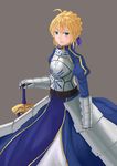  ahoge armor armored_dress artoria_pendragon_(all) bad_id bad_pixiv_id blonde_hair dress excalibur fate/stay_night fate_(series) gauntlets green_eyes hair_ribbon hand_on_hilt highres ribbon saber simple_background solo sword weapon willgoon 