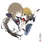  1girl bad_id bad_pixiv_id blood bow brown_hair closed_eyes couple flower glasses hair_bow hatoful_kareshi hetero holding_hands iwamine_shuu knife labcoat long_hair lowres namikino necktie one_eye_closed personification ponytail smile tousaka_hiyoko weapon yandere 