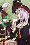  cake collar creamer_(vessel) cup dessert dress egawa_satsuki flower food gloves goat goatman hat rose silver_hair tea teacup tiered_tray umineko_no_naku_koro_ni virgilia 