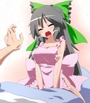  apron black_hair blush bow breasts cleavage fueiku hair_bow happy long_hair medium_breasts naked_apron no_panties no_wings open_mouth reiuji_utsuho sideboob smile solo straddling sweatdrop touhou 