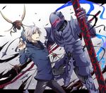  armor berserker_(fate/zero) blood bug crest_worm fate/zero fate_(series) full_armor hood hoodie insect knight male_focus matou_kariya multiple_boys nobo_(nobocoz) white_hair 