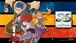  2boys adol_christin aisha_sari_edonas armlet armor artist_request blue_eyes blue_hair character_name company_name copyright_name dogi_(ys) gloves green_eyes grey_eyes grin hat highres long_hair multiple_boys official_art orange_hair pants red_hair scarf serious smile sword twintails wallpaper weapon ys ys_seven 