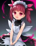  1girl :d black_background black_dress blush dress hair_ribbon kemurikusa looking_at_viewer maid_headdress open_mouth pink_eyes pink_ribbon red_hair ribbon rina_(kemurikusa) sanom signature sleeveless sleeveless_dress smile solo twintails v_arms 