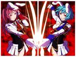  animal_ears blue_hair bunny_ears bunny_tail chiester410 chiester45 chiester_sisters egawa_satsuki gloves grin highres multiple_girls pink_hair red_eyes short_hair showgirl_skirt smile tail twintails umineko_no_naku_koro_ni 