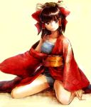  bad_id bad_pixiv_id bow brown_eyes brown_hair comb hair_bow hair_tubes hakurei_reimu highres himochishinai japanese_clothes kimono long_hair obi off_shoulder sash school_swimsuit sitting solo swimsuit swimsuit_under_clothes touhou wariza 