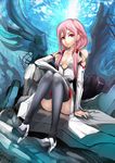  bare_shoulders black_legwear boots breasts cleavage detached_sleeves guilty_crown high_heels highres light low_twintails medium_breasts pink_eyes pink_hair realmbw shoes sitting solo thigh_boots thighhighs twintails yuzuriha_inori 