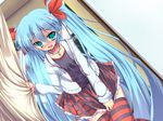  aqua_eyes blue_hair blush curtains hatsune_miku jewelry kocchi_muite_baby_(vocaloid) long_hair necklace open_mouth project_diva_(series) project_diva_2nd rankiryuu skirt solo striped striped_legwear thighhighs twintails very_long_hair vocaloid 