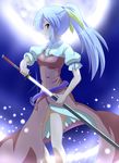  belt breasts fueiku full_moon hair_ribbon long_hair medium_breasts moon ponytail profile purple_hair ribbon scabbard sheath solo sword touhou unsheathing watatsuki_no_yorihime weapon 