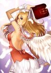  absurdres angel_wings arched_back back bare_shoulders blonde_hair blue_eyes book bow breasts detached_sleeves feathers frills headdress highres long_hair looking_back medium_breasts rufina_(shining_hearts) shining_(series) shining_hearts sideboob skirt solo tanaka_takayuki wings 