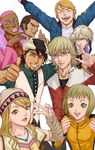  6+boys ^_^ antonio_lopez barnaby_brooks_jr beanie bibirii blonde_hair brown_eyes brown_hair cabbie_hat closed_eyes dark_skin earrings green_eyes hat highres huang_baoling ivan_karelin jewelry kaburagi_t_kotetsu karina_lyle keith_goodman multiple_boys multiple_girls nathan_seymour necklace pink_eyes pink_hair purple_eyes ring salute simple_background thumbs_up tiger_&amp;_bunny v vest waistcoat white_background 