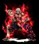  angry asura's_wrath asura_(asura's_wrath) aura clenched_hand eyebrows f-15jrs gloves highres male_focus no_pupils pants shin_guards tattoo teeth white_hair 
