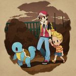  2boys agemono blush crossover hand_holding lucas mother_(game) mother_3 multiple_boys nintendo pixiv_thumbnail pokemon pokemon_trainer red_(pokemon) squirtle super_smash_bros. 