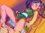  1girl bingo_tarte black_hair blush chinese_clothes dragon_quest dragon_quest_iii fighter_(dq3) fingerless_gloves game_cg gloves hands legs long_hair long_sleeves lying on_back purple_eyes roto sweatdrop twintails undressing 