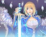  ahoge artoria_pendragon_(all) blonde_hair character_name copyright_name dated dress excalibur fate/zero fate_(series) flower glowing glowing_sword glowing_weapon green_eyes hair_ribbon lips petals realistic ribbon saber signature solo sword syusuke0229 weapon 