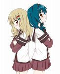  back-to-back blonde_hair blue_hair braid brown_eyes daihii furutani_himawari hair_ornament hairband hairclip long_sleeves multiple_girls nanamori_school_uniform oomuro_sakurako red_eyes school_uniform serafuku short_over_long_sleeves short_sleeves simple_background twin_braids white_background yuru_yuri 