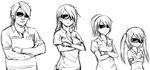  3girls :t breasts child cleavage crossed_arms facial_hair gebyy-terar genderswap greyscale kubo_taito_(person) long_hair medium_breasts monochrome multiple_girls non-web_source polo_shirt ponytail real_life real_life_insert stubble sunglasses teenage twintails watch 