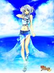  anklet beach beads blue_eyes bracelet choker denim denim_shorts earrings flower hair_bun hair_ornament jewelry long_hair midriff mugen_no_fantasia nail_polish navel ocean outdoors rikujou_shin sandals short_shorts shorts silver_hair solo tank_top tied_hair wading water 